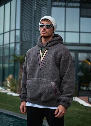 Худи серая плюшевая мягусская меховая теплая оверсайз мужская тедди худи