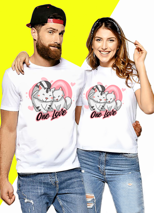 Парные футболки для влюбленных с принтом "our love. одна любовь. влюбленные котики на сердце"1 фото