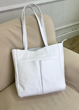 Сумка з натуральної шкіри - шопер юта біла, сумка белая из натуральной кожи