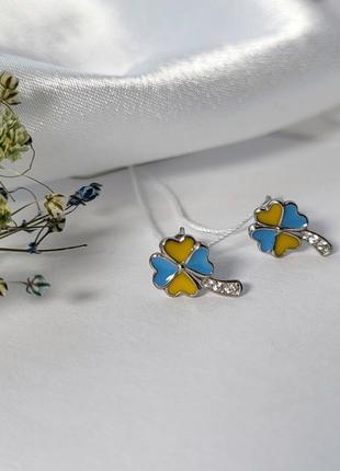Срібні сережки гвоздики на закрутках конюшина з жовтою й блакитною емаллю срібло 925 проби родоване 82149е