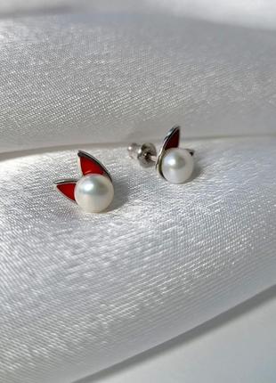 Срібні сережки сережки гвоздики на фіксаторах з білим перловим срібло 925 проби родирів. 570кр2 фото
