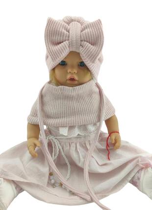 Детская вязаная шапка теплая с флисом хомутом с завязками детские головные уборы розовый (шдт313)