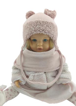 Детская вязаная шапка теплая с флисом хомутом с завязками детские головные уборы розовый (шдт300)
