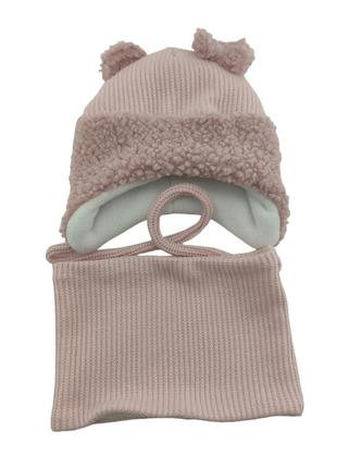 Детская вязаная шапка теплая с флисом хомутом с завязками детские головные уборы розовый (шдт300)2 фото