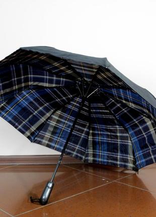 Женский/мужской зонт антивитер, зонт двойная ткань середина сине-коричневых клеток, полуавтомат 9 шпиц2 фото