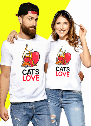 Парная футболка для влюбленных с принтом "парочка котов. cats love. парочка котов. влюбленные коты