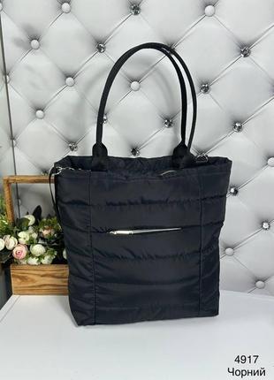 Велика жіноча сумка тканинна плащівка стьобана чорна3 фото
