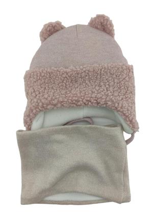 Детская вязаная шапка теплая с флисом хомутом с завязками детские головные уборы розовый (шдт299)2 фото