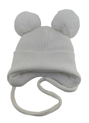 Детская вязаная шапка теплая с флисом на завязках детские головные уборы белый (шдт336)2 фото
