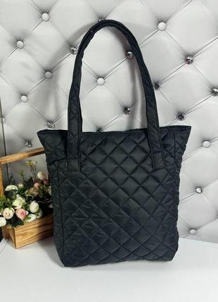 Большая женская сумка шоппер тканевая плащовка стеганая черная5 фото