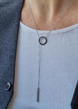 Жіночий срібний ланцюжок-кольє з підвіскою краватка круг з чорним камінням 53 см срібло 925 проби клф0/1094