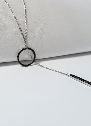 Женская серебряная цепочка-колье с подвеской краватка круг с черными камнями 53 см серебро 925 пробы клф/10945 фото