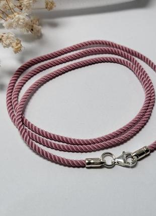 Шнурок на шею милан нежно розовый шелковый 2мм 40 см серебро 925 пробы 6010/2 0.98г