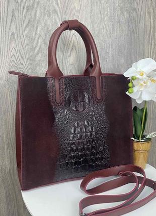 Женская сумка рептилия замшевая бордовая, сумочка из натуральной замши под рептилию красная9 фото
