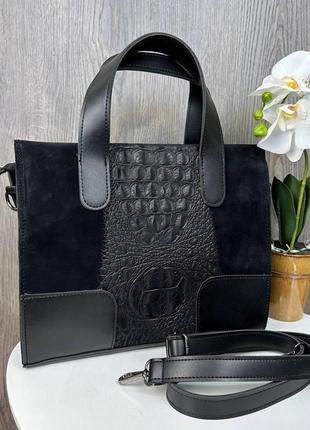 Женская замшевая сумка рептилия черная, сумочка из натуральной замши с тиснением в стиле рептилии крокодил8 фото