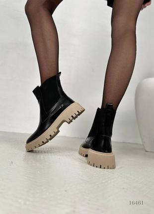 Черные натуральные кожаные демисезонные деми весенние ботинки челси с резинками на резинках бежевой толстой подошве кожа весна2 фото