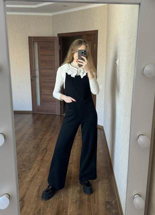 Стильный италия шерстяной шерсть ланы черный женский комбинезон высокая посадка брючный комбинезон