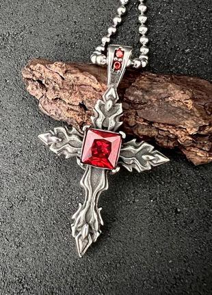 Хрестик в готичному стилі з червоним каменем з медичної сталі psc-009