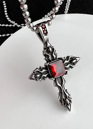 Крестик в готическом стиле с красным камнем из медицинской стали psc-0099 фото