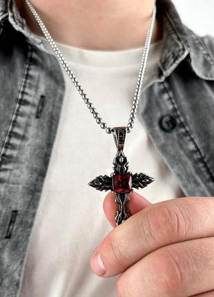 Крестик в готическом стиле с красным камнем из медицинской стали psc-0098 фото