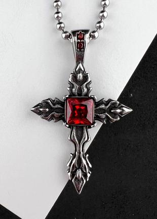 Крестик в готическом стиле с красным камнем из медицинской стали psc-0093 фото