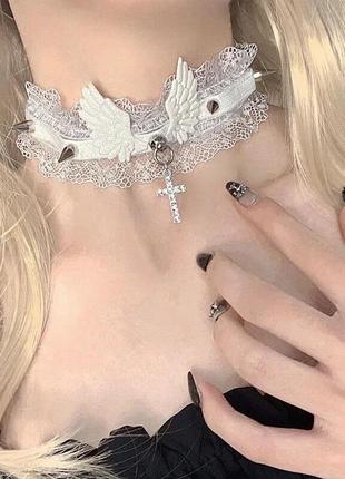 Готическое панковое кружевное ожерелье-колье с сердечками крест для женщин, девочек, ожерелье с заклепками с крыльями ангела1 фото