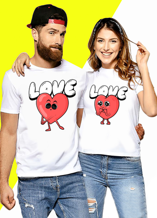 Парные футболки для влюбленных с принтом "love. два сердца. влюбленные сердца" push it1 фото