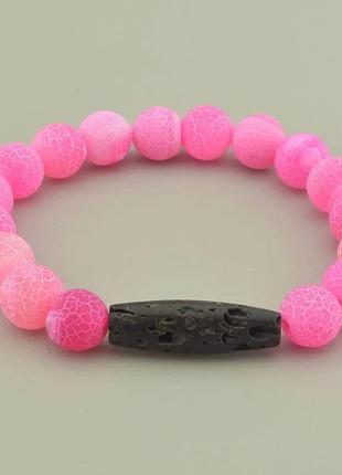 Браслет розовый тонированный агат, лава натуральный камень, шарик 10 мм, длина 18 см.