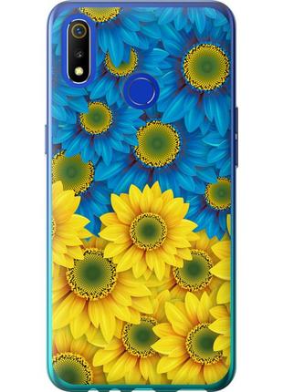 Чехол силиконовый патриотический на телефон realme 3 жёлто-голубые цветы "1048u-1869-58250"