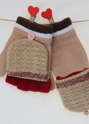 Перчатки детские шерстяные 7-10 лет без пальцев с накидным клапаном осень-зима бежевый3 фото