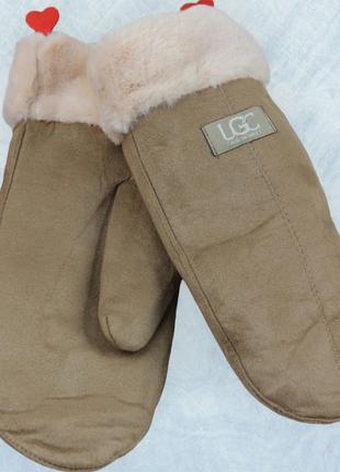 Варежки женские экозамшевые на меху двойные зима размер м-l бежевый