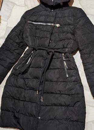 Куртка пальто зима, стьобаная с капюшоном, размер л7 фото