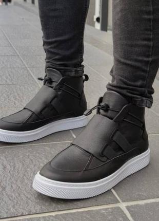 Зимові молодіжні черевики із натуральної шкіри, чорні на білій підошві, зимние мужские ботинки