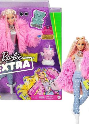 Кукла барби экстра стильная модница barbie extra doll 3 in pink fluffy coat