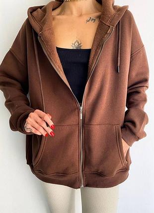 🎨9! шикарне тепле худі жіноче коричневе коричневий женское худи теплое на флісі флисе на замку