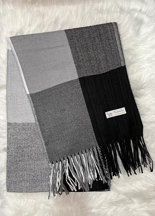 Теплый кашемировый шарф в клетку (палантин) черный/ белый/ серый