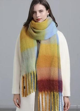 Теплый шарф в клетку (желтый/горчица/голубой) объемный