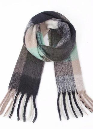 Теплый шарф в клетку (черный/беж/мята) объемный