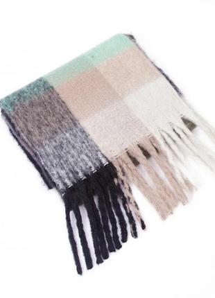 Теплый шарф в клетку (черный/беж/мята) объемный