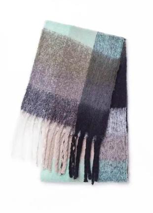 Теплый шарф в клетку (черный/беж/мята) объемный