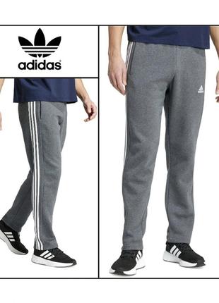 Флісові чоловічі спортивні штани оригінал сша adidas essentials 3-stripes open hem fleece pants теплі на флісі брюки сірі утеплені зимові демісезонні1 фото