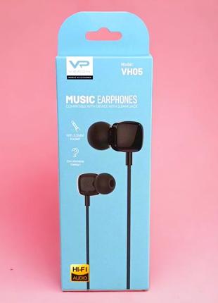 Наушники "veron vh05" earphones с микрофоном круглый силиконовый провод, черный