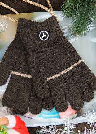 Перчатки детские шерстяные осень-зима 7-9 лет лого авто с начесом коричневый3 фото