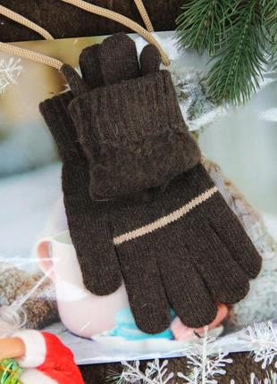 Перчатки детские шерстяные осень-зима 7-9 лет лого авто с начесом коричневый4 фото