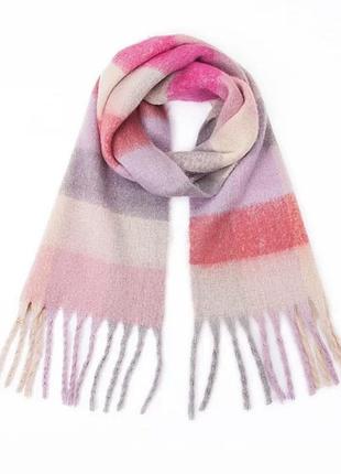 Теплый шарф в клетку (малина/бежевый/серый)