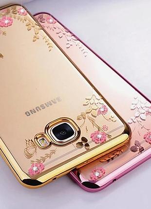 Силіконовий чехол для samsung galaxy a3 a310 2016 квіти силікон на самсунг гелекси з камінчиками