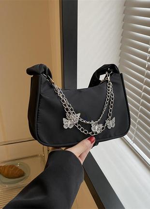 Женская классическая сумка 6579 через плечо клатч на короткой ручке багет черная2 фото