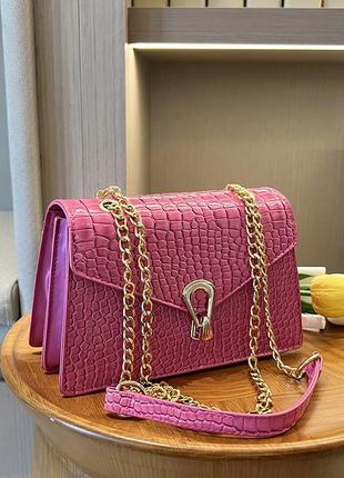 Женская классическая сумка 3120-6585 через плечо кросс-боди на цепочке рептилия розовая