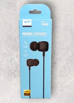 Наушники "veron vh05" earphones с микрофоном круглый силиконовый провод, черный