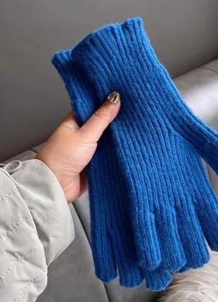 В'язані теплі рукавички довгі синій (3532)1 фото